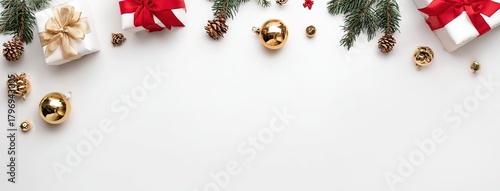 Christmas Gifts, Gold Baubles and Pine Cones on White Background. ideal for Christmas and holiday themes. Great for greeting cards, gift guides, and Christmas design projects.