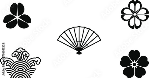 Japanese kamon crest, floral emblem motif, traditional black and white symbol, symmetrical decorative design, cultural heritage ornament, artistic vector illustration
