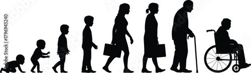 Silhouette progression showing human life stages from infancy to old age, evolving growth aging concept with mobility and wheelchair illustration