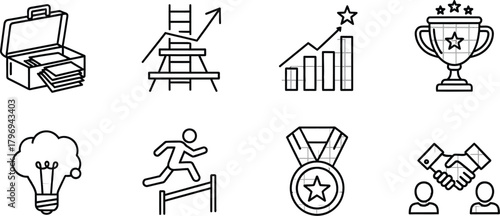 Business success icons representing achievement and growth in clean vectors