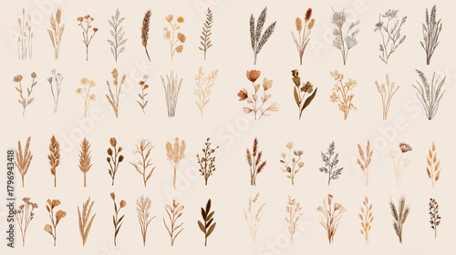Elegant dried botanical sprigs and wildflowers in soft earthy tones. Minimal watercolor plant elements for branding, stationery, patterns, and modern rustic decor.