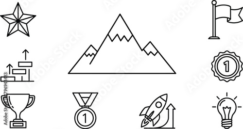 Achievement and motivation icon set in thin vector line art
