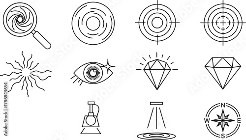 Target, eye, diamond, and compass icon collection in minimal vector format