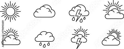 Weather forecast icon set including sun, cloud, rain, snow, thunder in line art