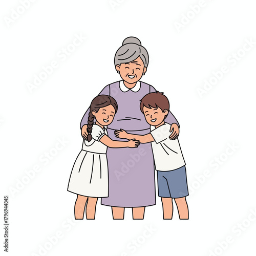 Happy grandmother hugging her two smiling grandchildren, a boy and a girl, showing family love and affection.