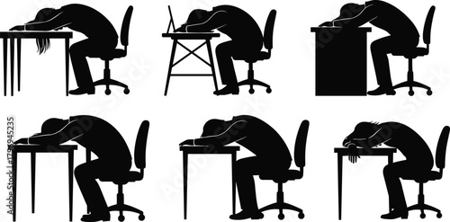 Burnout silhouette cartoon illustration, symbolic desk fatigue gesture and expressive emotional posture artwork for design and education