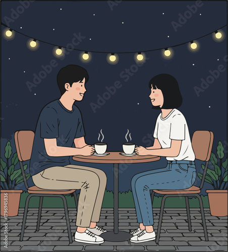 Romantic Outdoor Cafe Date Night With String Lights Illustration