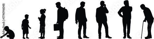 Silhouette showing stages of human life from childhood to adulthood and old age in sequential standing poses
