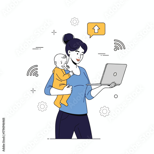 A busy mother holding her baby while working on a laptop, surrounded by Wi-Fi and upload icons, illustrating remote work and multitasking.