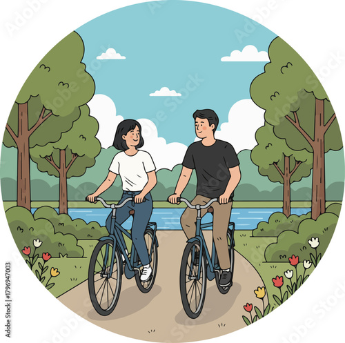 Couple Riding Bicycles Together In Park Healthy Lifestyle Illustration