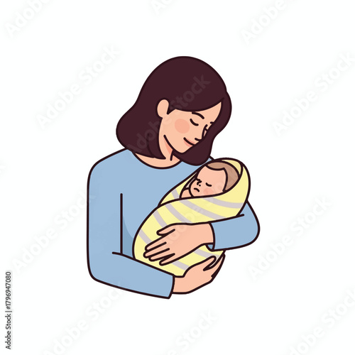 A loving mother gently cradling her newborn baby, showing a tender moment of maternal affection and care in a simple illustration.