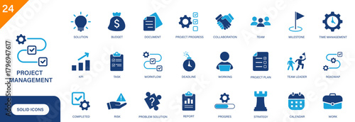 Project management icon. Including project progress, workflow, task, roadmap, KPI. Solid vector icon set.