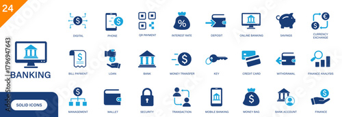 Banking icon. Including credit card, money transfer, wallet, online banking, bank account. Solid vector icon set.