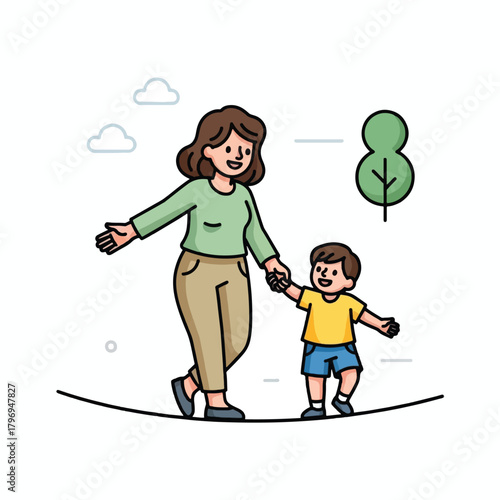 A woman and a young boy holding hands and balancing on a thin line outdoors with trees and clouds.