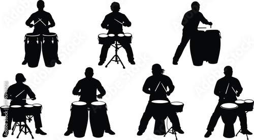 Drumming gesture silhouettes cartoon illustration, symbolic percussion motion and expressive musical performance artwork for design and education