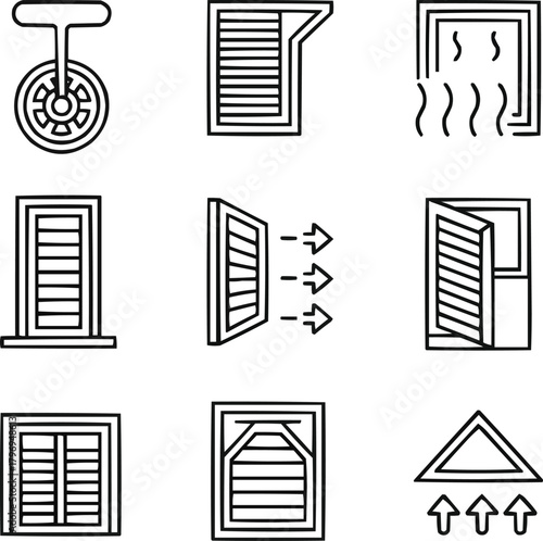 Natural Ventilation Outline Icons Window, Airflow, and Vent Flap Symbols