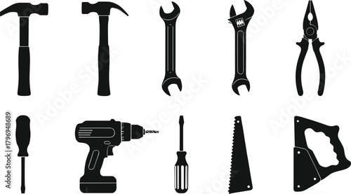 Essential tool silhouette cartoon illustration, symbolic DIY and mechanical equipment icons for design, education, and instruction
