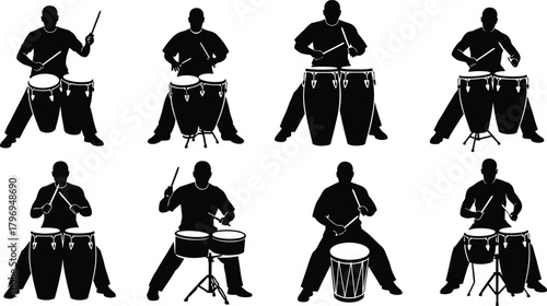 Drumming silhouette icons cartoon illustration, symbolic percussion diversity and expressive musical gesture artwork for design and education
