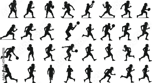 Football player profile silhouette cartoon illustration, symbolic sports motion and expressive athletic gestures for design and education