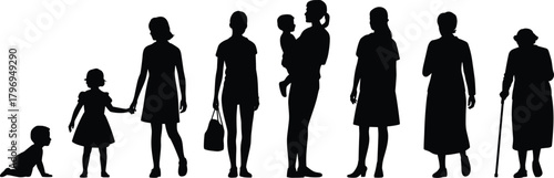 Silhouette stages of female life from baby to elderly woman, generational growth, aging process, human development concept