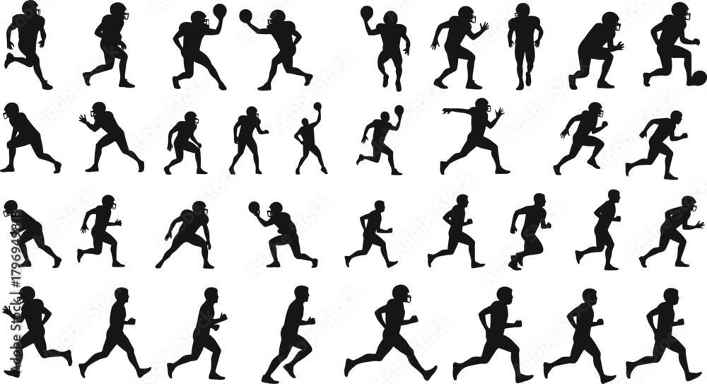 Naklejka premium Football player silhouette cartoon illustration, expressive athletic gestures and symbolic sports motion icons for design and education