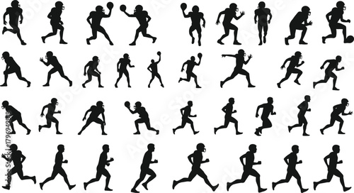 Football player silhouette cartoon illustration, expressive athletic gestures and symbolic sports motion icons for design and education