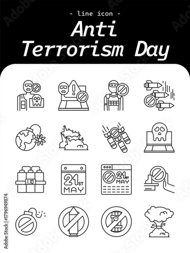 Anti Terrorism Day Line Icon Vector Illustration – Minimal Outline Symbol for Peace, Safety, and Awareness