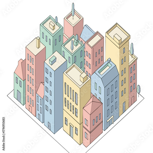 Colorful 3D Isometric Cityscape Buildings Illustration