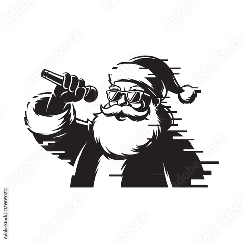 Glitchy santa claus singing into a microphone