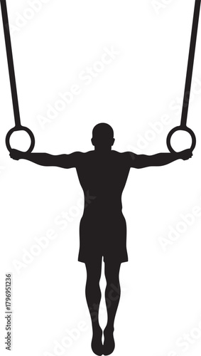 Male gymnast performing iron cross on rings – black silhouette vector