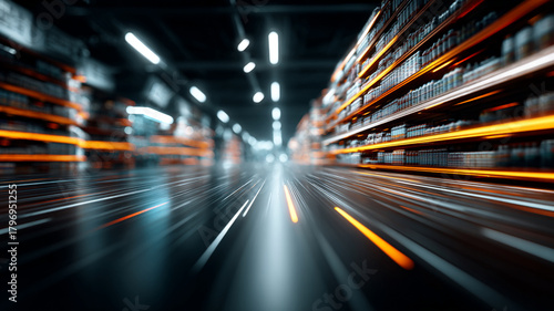 Fast warehouse aisle speed blur modern logistics brand strategy visual metaphor for rapid fulfillment with glowing orange shelving and reflective floor conveying energy and efficient movement
