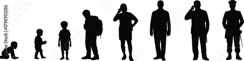 Silhouette stages of human life growth, evolution from baby to adult, aging development concept timeline illustration for education