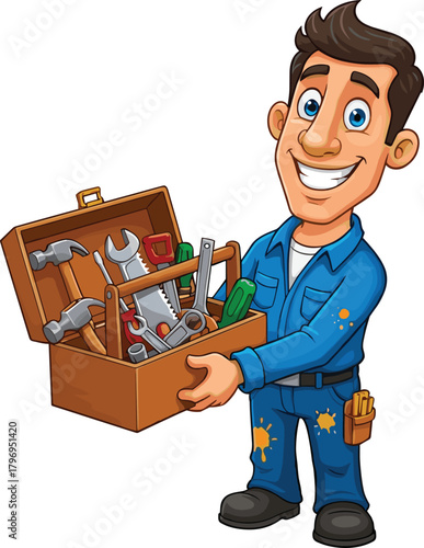 Handyman cartoon illustration, skilled trades character with toolbox and tools, expressive maintenance icon for design and education