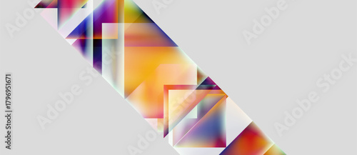 Abstract geometric shapes overlap, creating colorful patterns. Warm tones blend with cool hues on light background.