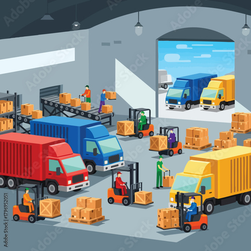 Busy Warehouse with Trucks and Forklifts