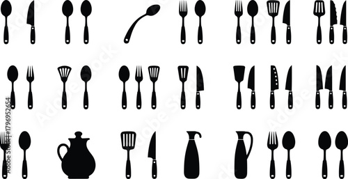 Kitchen utensil silhouette cartoon illustration, symbolic cooking tools and expressive culinary icons for design and education
