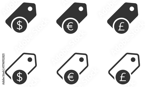 Tag price icon set sale icons with dollar euro and pound symbols flat vector illustration