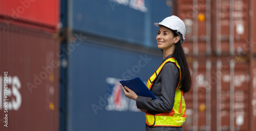 Bild auf Leinwand Smiling female engineer in hard hat and safety vest inspects cargo containers wi