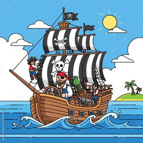 Pirate Ship Sailing on the Ocean