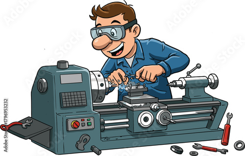 Lathe operator cartoon illustration, symbolic turning gesture and expressive metalworking service artwork for design and education