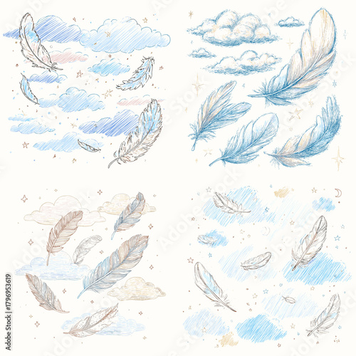 Whimsical feathers floating through blue skies with clouds and tiny stars. Soft pencil-style elements for dreamy backgrounds, kids themes, and gentle decorative patterns.
