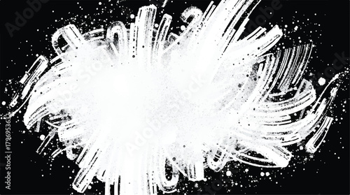 White abstract grunge paint splatter on a black background, featuring dynamic brush stroke textures perfect for creative design and artistic projects