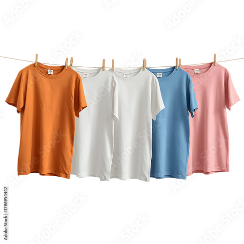 Colorful t shirts hanging on a clothesline apparel fashion clothing on transparent background