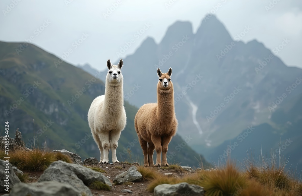 Naklejka premium Two llamas stand on mountain ridge. White, brown colored llama looking to camera. Highland landscape view with grazing mammal in Andes mountains. Travel tourism concept in South America natural