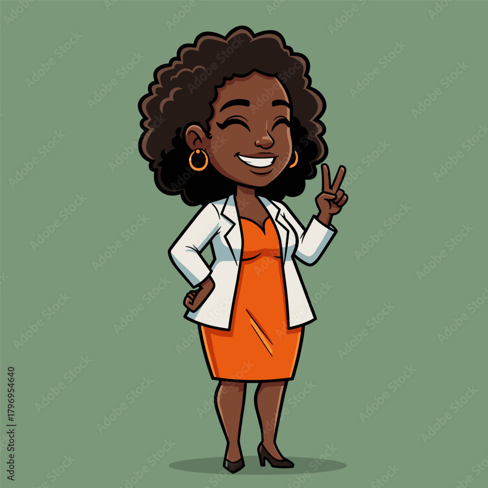 Obraz premium Happy cartoon Black professional woman giving peace sign in orange dress and white blazer.