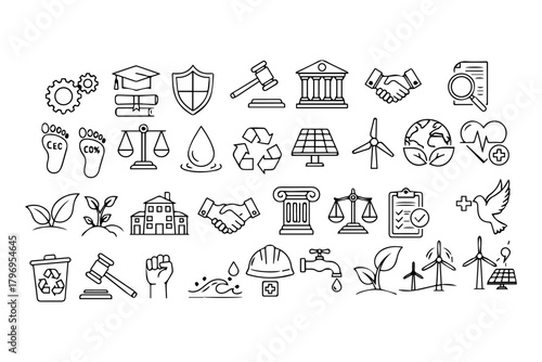 Silhouettes pack ofESG Environmental Social Governance  editable stroke outline icons with pure white background
