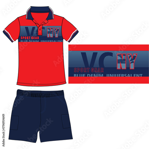 boys polo t shirt  with denim shorts sports gear print