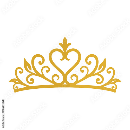 Elegant golden tiara with a heart shaped centerpiece and intricate swirling filigree design on a white background