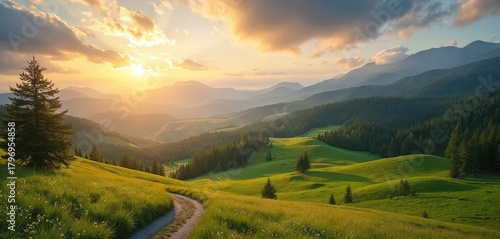 Fototapeta Naklejka Na Ścianę i Meble -  Serene mountain vista at sunset. Rich green meadows roll across valley under dramatic cloud formations. Winding path leads into distance, inviting exploration of tranquil European landscape. Golden