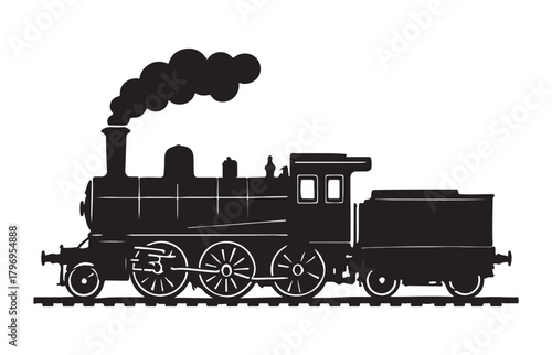 Vintage steam locomotive silhouette billowing smoke on a white background classic transportation